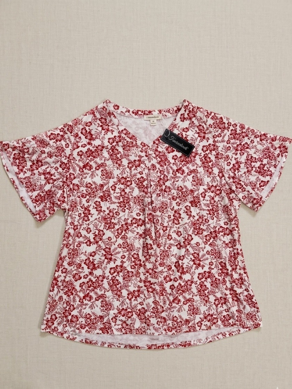 Fantaslook Floral Tunic Blouse Red White V Neck Flutter Sleeve Top Plus Size 2XL